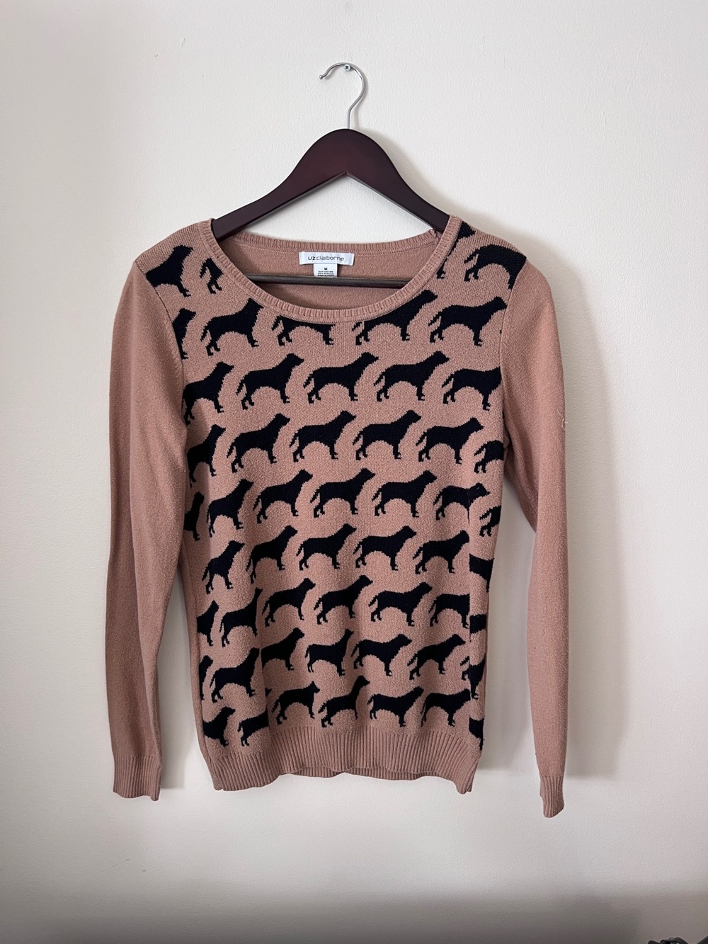 Liz Claiborne Tan Crewneck Sweater with Black Dog Pattern